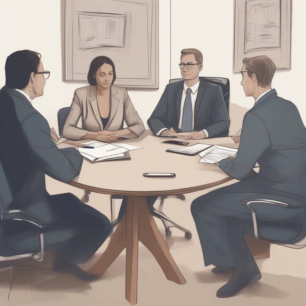 A lawyer is meeting with clients in an office.